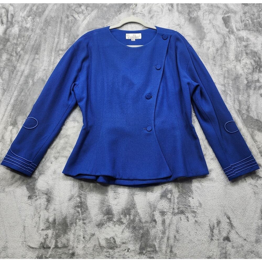 Vintage PSI by Alvin Bell Blazer Women 10 Blue Wool Collarless Asymmetric Peplum